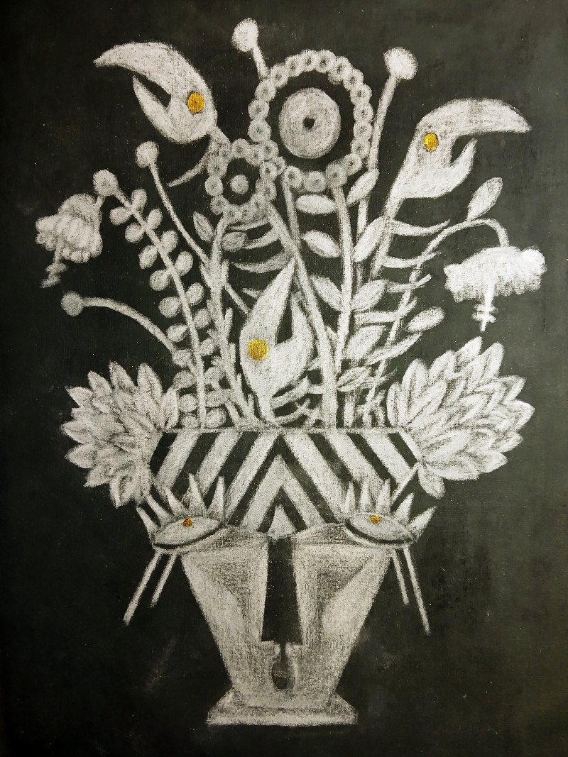 Mirasoles de la serie “Tatachina” - Acrílico, óleo y lápiz de color sobre lienzo crudo. Marco de marupá y dorado a la hoja - 40 x 30 cm. - 2025