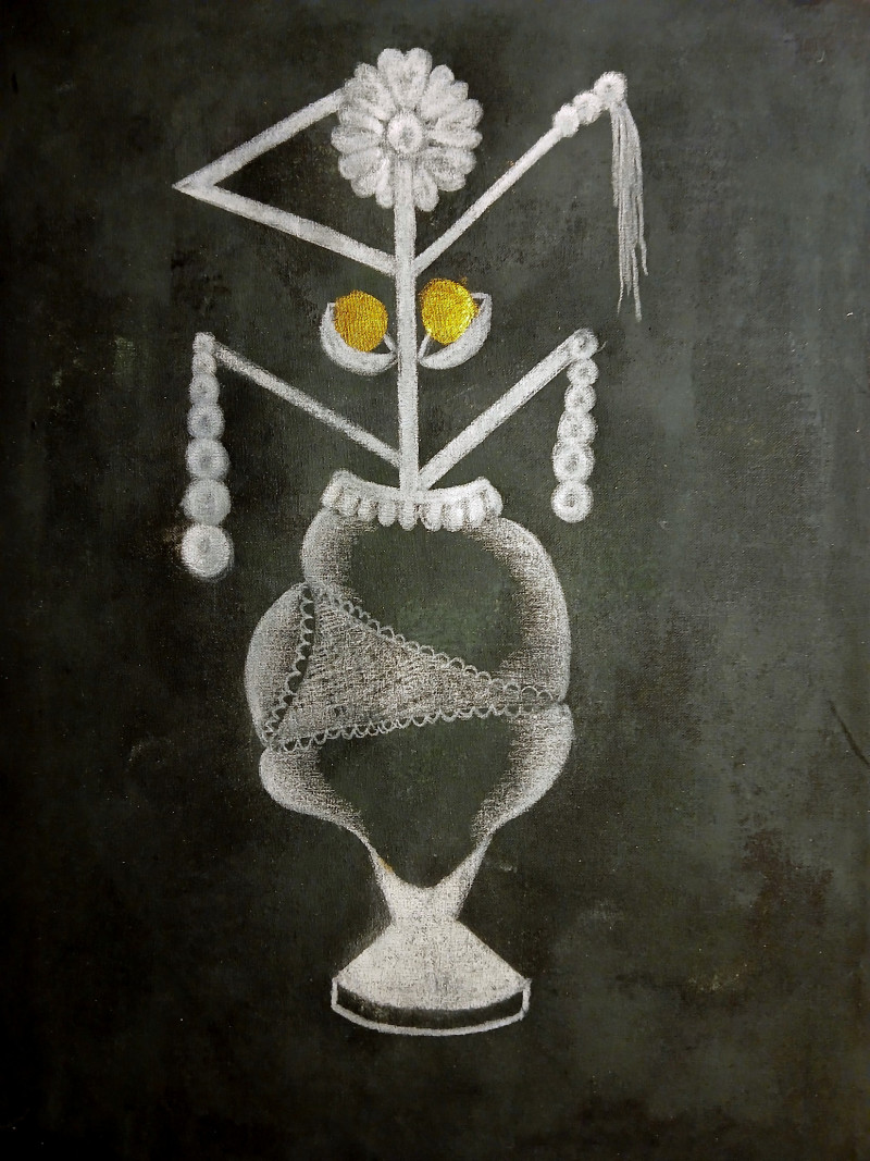 M.A. se mira al espejo y se gusta de la serie “Tatachina” - Acrílico, óleo y lápiz de color sobre lienzo crudo. Marco de marupá y dorado a la hoja - 40 x 30 cm. - 2025