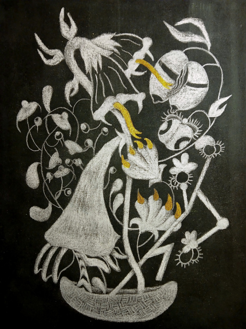 Los fantasmas de M.A. o la desfloración de la serie “Tatachina” - Acrílico, óleo y lápiz de color sobre lienzo crudo. Marco de marupá y dorado a la hoja - 40 x 30 cm. - 2025