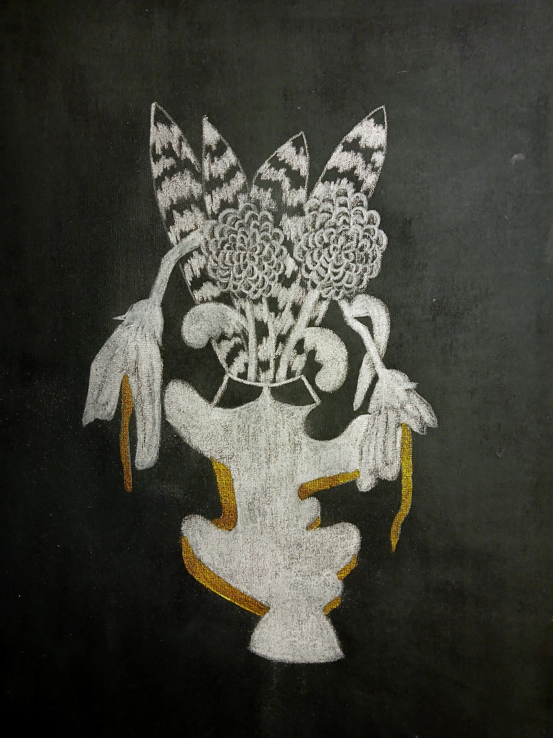 Las pajaritas de la serie “Tatachina” - Acrílico, óleo y lápiz de color sobre lienzo crudo. Marco de marupá y dorado a la hoja - 40 x 30 cm. - 2025